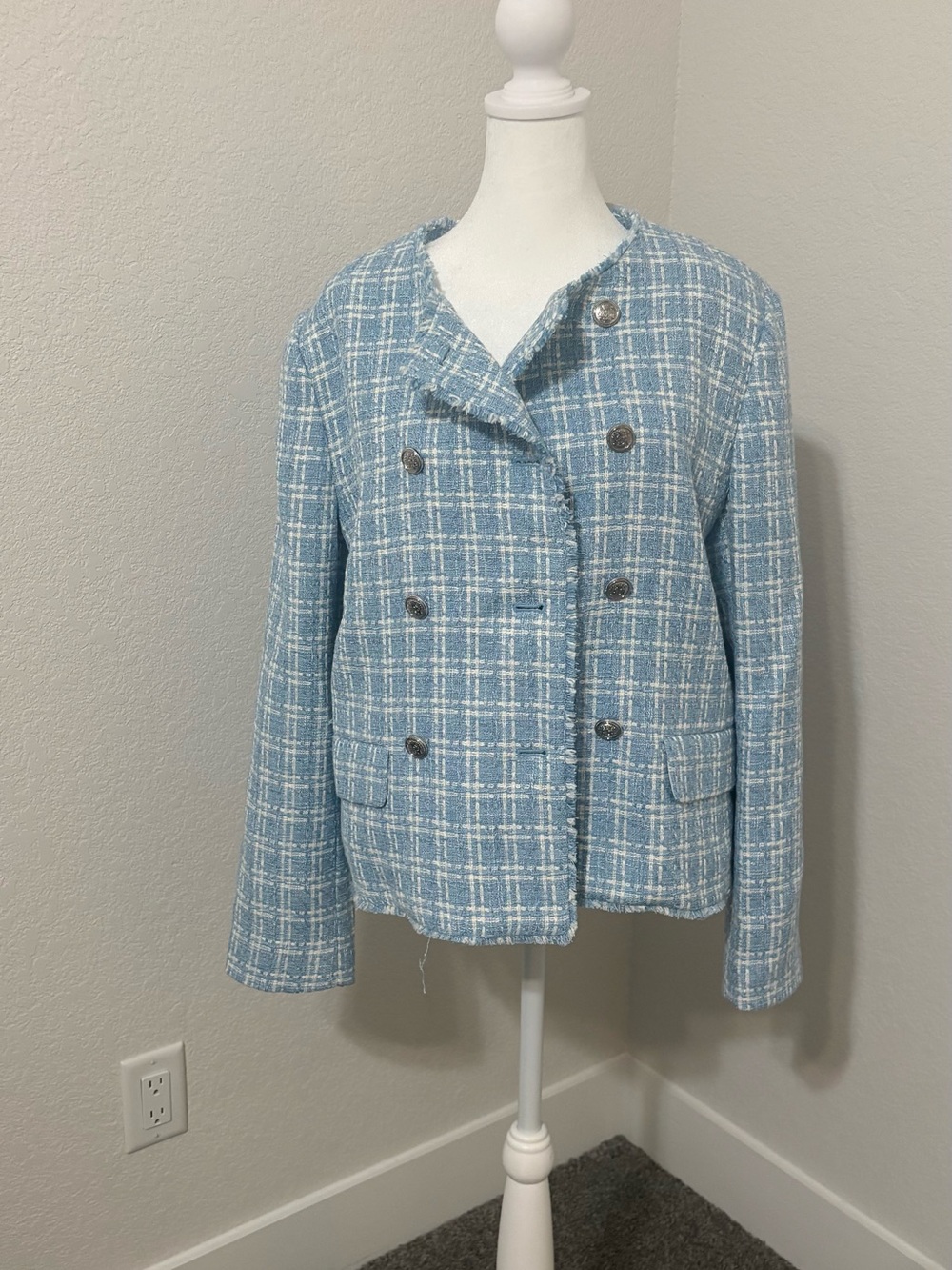 Ann Taylor Factory Sky Blue & White Tweed Double-Breasted Blazer